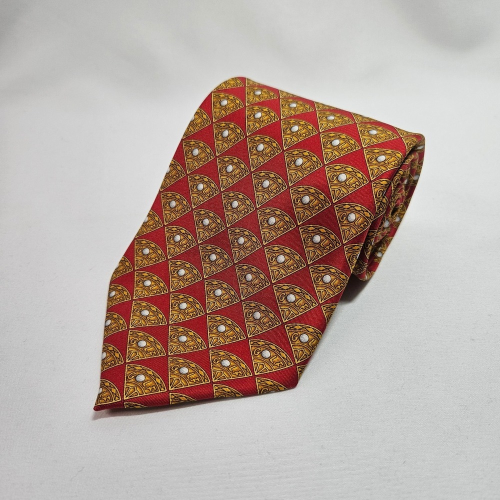 Gucci Mens Silk Tie Red Gold Golf Ball Fan Pattern Italy Luxury Necktie 4"x58"
